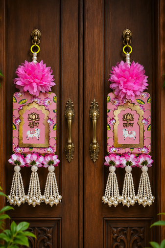 Handmade Pink Floral Pearl Beads Shubh Labh MDF Decorative Door Hanging (Pack of 2)