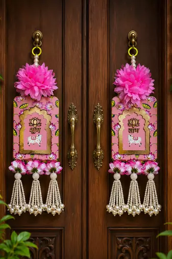 Handmade Pink Floral Pearl Beads Shubh Labh MDF Decorative Door Hanging (Pack of 2)