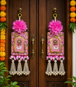 Handmade Pink Floral Pearl Beads Shubh Labh MDF Decorative Door Hanging (Pack of 2)