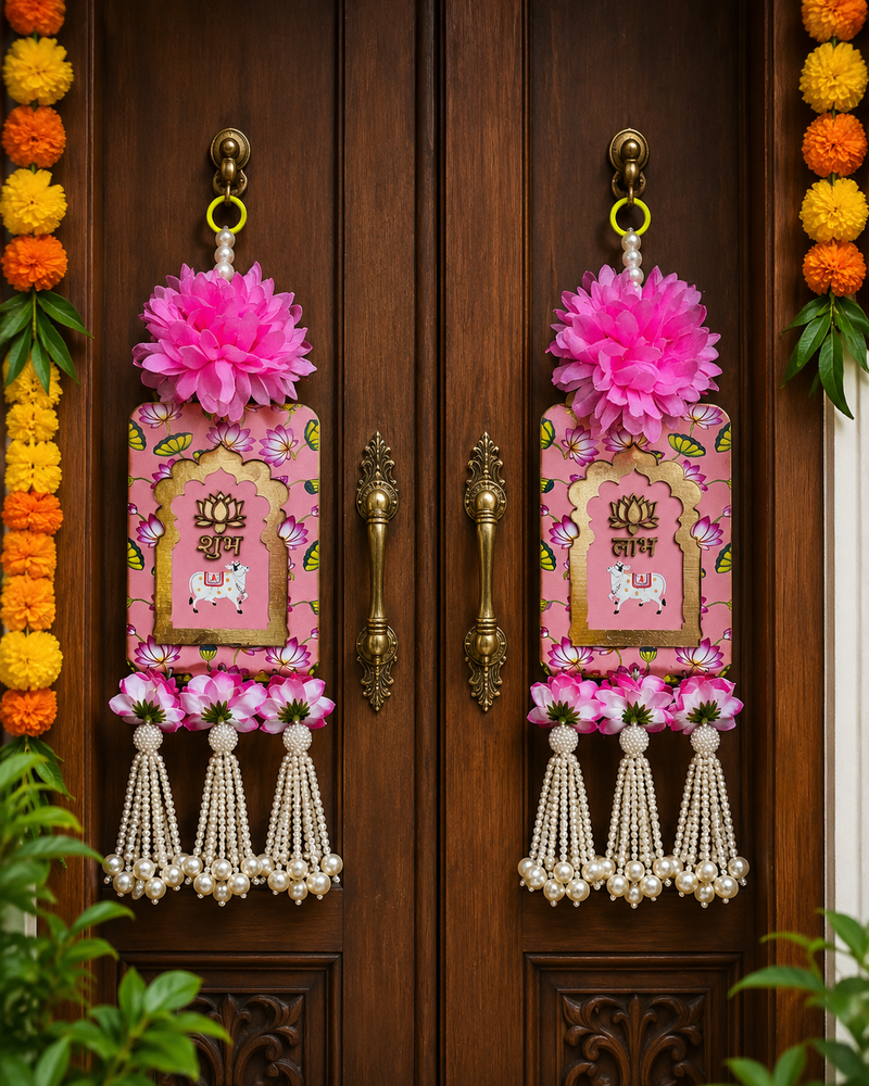 Handmade Pink Floral Pearl Beads Shubh Labh MDF Decorative Door Hanging (Pack of 2)