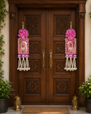 Handmade Pink Floral Pearl Beads Shubh Labh MDF Decorative Door Hanging (Pack of 2) 2