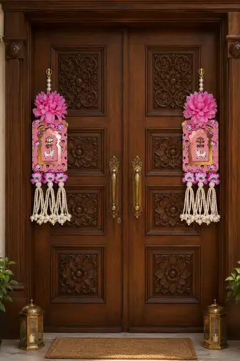 Handmade Pink Floral Pearl Beads Shubh Labh MDF Decorative Door Hanging (Pack of 2)