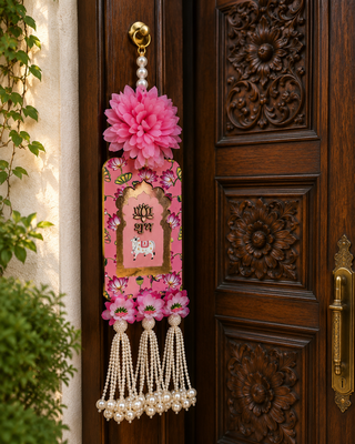 Handmade Pink Floral Pearl Beads Shubh Labh MDF Decorative Door Hanging (Pack of 2) 3