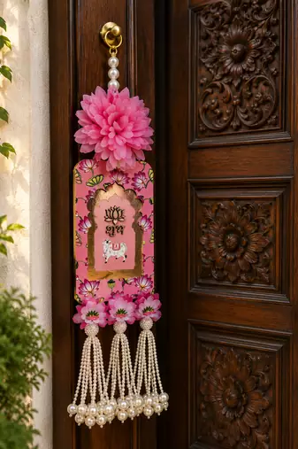 Handmade Pink Floral Pearl Beads Shubh Labh MDF Decorative Door Hanging (Pack of 2)