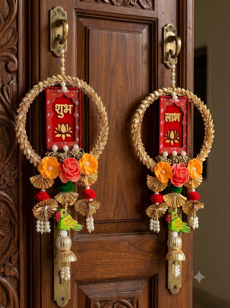 Handmade Wall Ornament for Home Decoration | Traditional Shubh Labh Flower Hanging (Pack of 2)