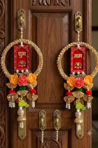 Handmade Wall Ornament for Home Decoration | Traditional Shubh Labh Flower Hanging (Pack of 2)