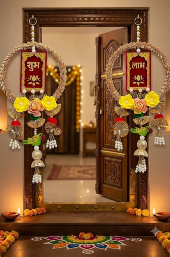 Handmade Wall Ornament for Home Office Decoration| Traditional Shubh Labh Flower Hanging (Pack of 2)