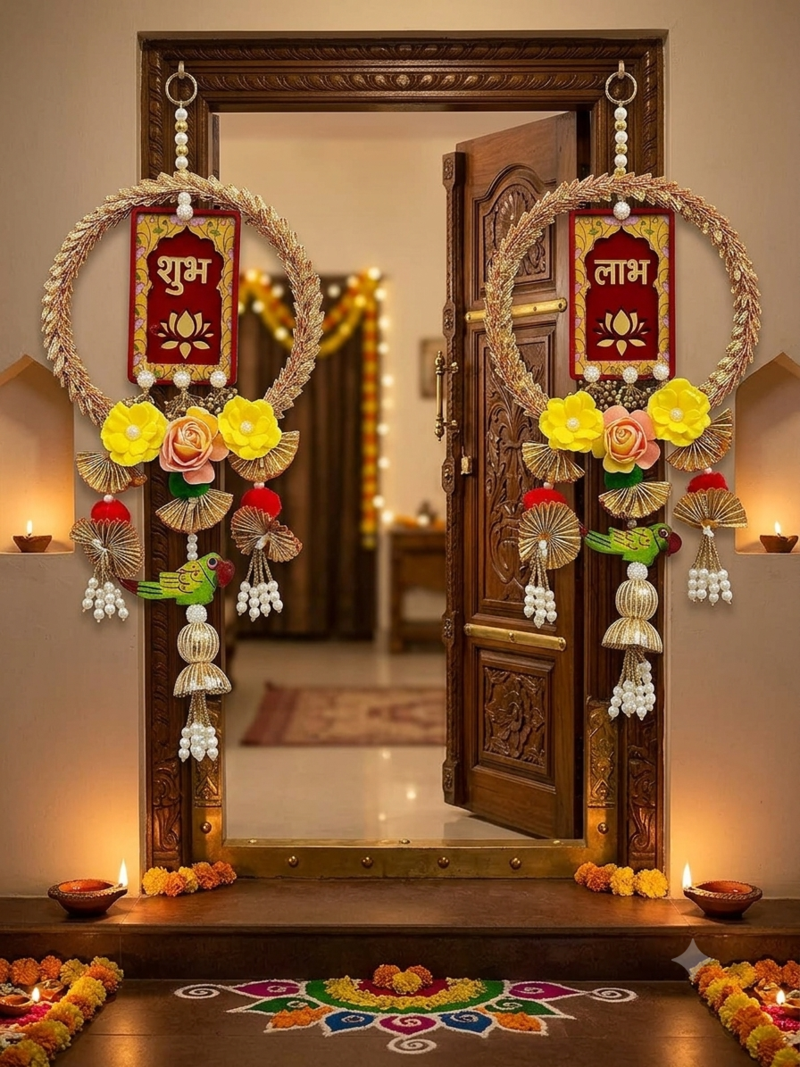 Handmade Wall Ornament for Home Office Decoration| Traditional Shubh Labh Flower Hanging (Pack of 2)