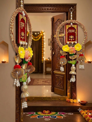 Handmade Wall Ornament for Home Office Decoration| Traditional Shubh Labh Flower Hanging (Pack of 2) 2