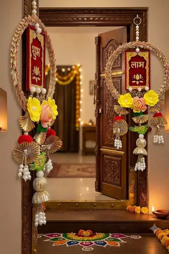 Handmade Wall Ornament for Home Office Decoration| Traditional Shubh Labh Flower Hanging (Pack of 2)