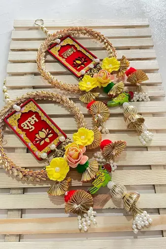 Handmade Wall Ornament for Home Office Decoration| Traditional Shubh Labh Flower Hanging (Pack of 2)