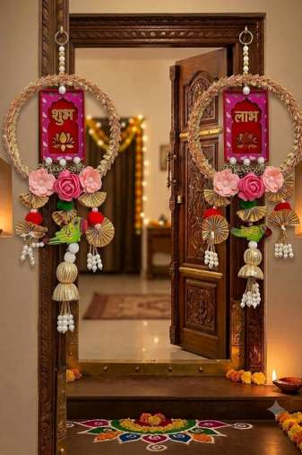 Handmade Wall Ornament for Home Office Decoration | Traditional Shubh-Labh Flower Hanging (Pack of 2)