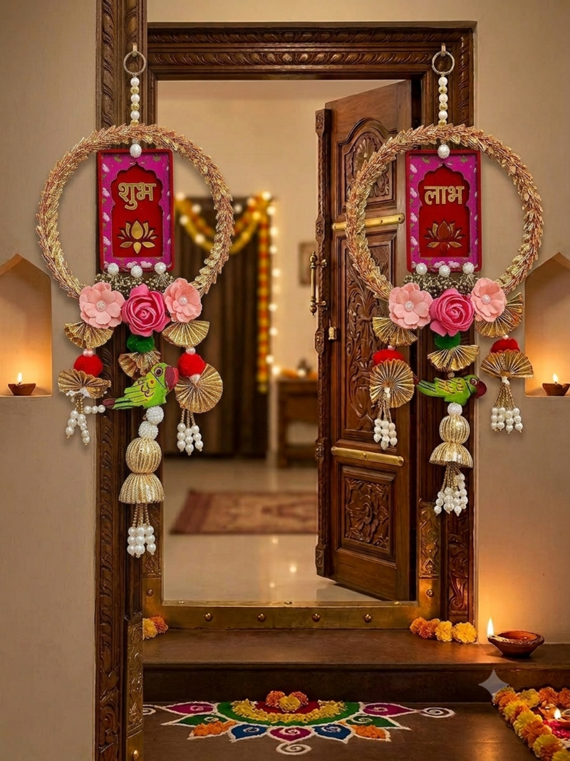 Handmade Wall Ornament for Home Office Decoration | Traditional Shubh-Labh Flower Hanging (Pack of 2)