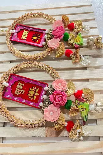 Handmade Wall Ornament for Home Office Decoration | Traditional Shubh-Labh Flower Hanging (Pack of 2)
