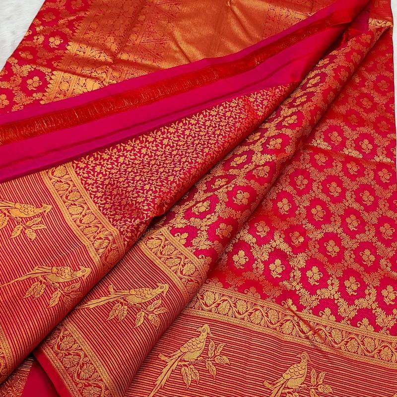 Red color art silk blend sarees with blouse