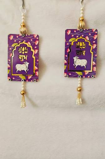 MDF Cow Shubh Labh Door Hanging Decor Hanging & Diwali Decor Door Hanging (Pack of 2) (Purple)