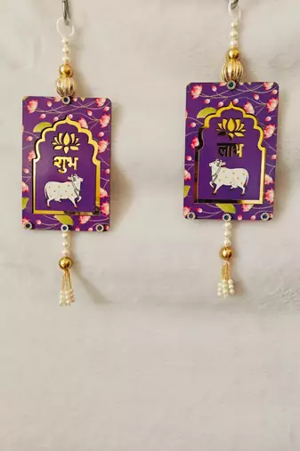 MDF Cow Shubh Labh Door Hanging Decor Hanging & Diwali Decor Door Hanging (Pack of 2) (Purple)