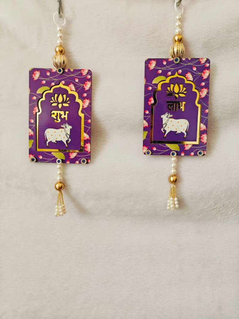 MDF Cow Shubh Labh Door Hanging Decor Hanging & Diwali Decor Door Hanging (Pack of 2) (Purple)