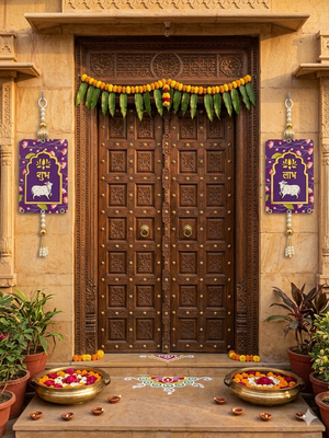 MDF Cow Shubh Labh Door Hanging Decor Hanging & Diwali Decor Door Hanging (Pack of 2) (Purple) 2