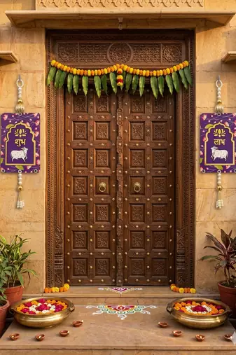 MDF Cow Shubh Labh Door Hanging Decor Hanging & Diwali Decor Door Hanging (Pack of 2) (Purple)