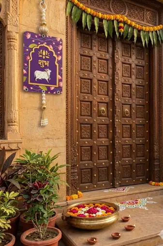 MDF Cow Shubh Labh Door Hanging Decor Hanging & Diwali Decor Door Hanging (Pack of 2) (Purple)
