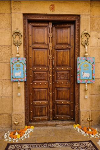 MDF Cow Shubh Labh Door Hanging Decor Door Hangings & All Festivals Hanging (Pack of 2) (Blue)
