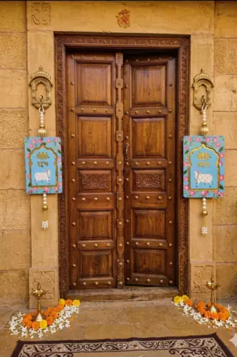 MDF Cow Shubh Labh Door Hanging Decor Door Hangings & All Festivals Hanging (Pack of 2) (Blue)