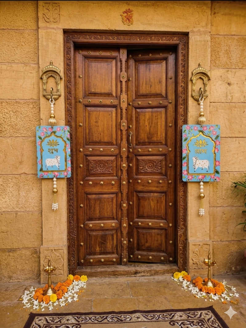 MDF Cow Shubh Labh Door Hanging Decor Door Hangings & All Festivals Hanging (Pack of 2) (Blue)