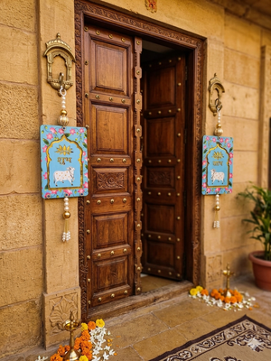 MDF Cow Shubh Labh Door Hanging Decor Door Hangings & All Festivals Hanging (Pack of 2) (Blue) 2