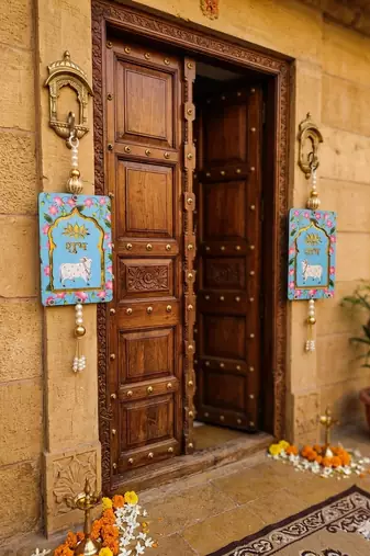 MDF Cow Shubh Labh Door Hanging Decor Door Hangings & All Festivals Hanging (Pack of 2) (Blue)