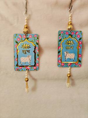 MDF Cow Shubh Labh Door Hanging Decor Door Hangings & All Festivals Hanging (Pack of 2) (Blue) 3