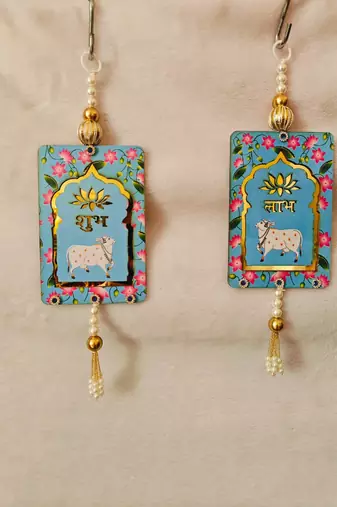 MDF Cow Shubh Labh Door Hanging Decor Door Hangings & All Festivals Hanging (Pack of 2) (Blue)