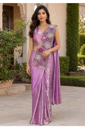 designer fendy silk blend embroidered ready to wear saree with stitched blouse 1