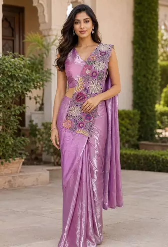 designer fendy silk blend embroidered ready to wear saree with stitched blouse