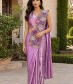 designer fendy silk blend embroidered ready to wear saree with stitched blouse