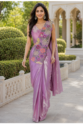 designer fendy silk blend embroidered ready to wear saree with stitched blouse 3