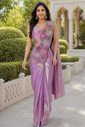 designer fendy silk blend embroidered ready to wear saree with stitched blouse