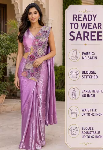 designer fendy silk blend embroidered ready to wear saree with stitched blouse