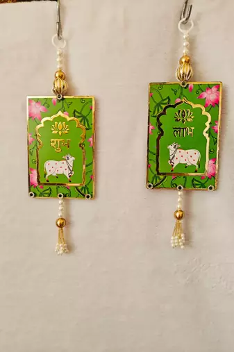 MDF Cow Shubh Labh Door Hanging | Diwali Decor Door Hanging Decor Hanging (Pack of 2) (Green)
