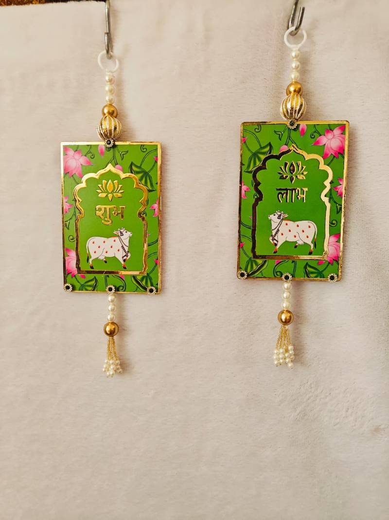 MDF Cow Shubh Labh Door Hanging | Diwali Decor Door Hanging Decor Hanging (Pack of 2) (Green)