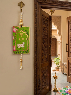 MDF Cow Shubh Labh Door Hanging | Diwali Decor Door Hanging Decor Hanging (Pack of 2) (Green) 2