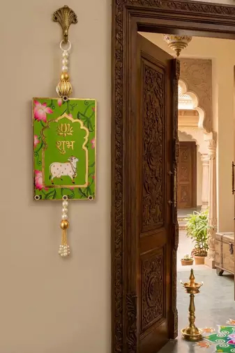 MDF Cow Shubh Labh Door Hanging | Diwali Decor Door Hanging Decor Hanging (Pack of 2) (Green)
