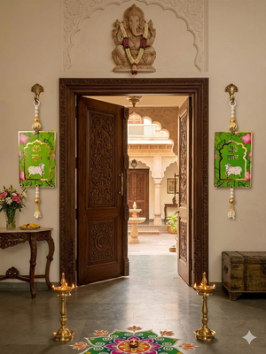 MDF Cow Shubh Labh Door Hanging | Diwali Decor Door Hanging Decor Hanging (Pack of 2) (Green) 3