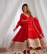 Designer red embroidered flared anarkali suit set with pant & embellished dupatta