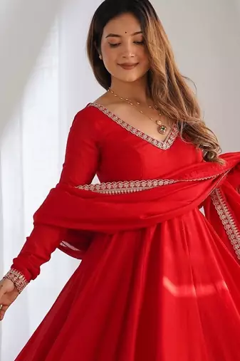Designer red embroidered flared anarkali suit set with pant & embellished dupatta
