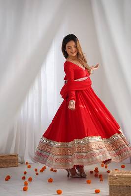 Designer red embroidered flared anarkali suit set with pant & embellished dupatta 3