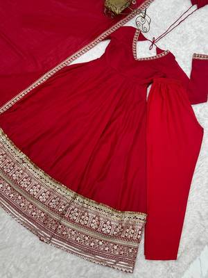 Designer red embroidered flared anarkali suit set with pant & embellished dupatta 4