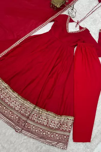 Designer red embroidered flared anarkali suit set with pant & embellished dupatta