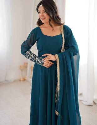 Teal blue georgette anarkali kurta set with pant and embroidered dupatta for women 2