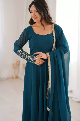 Teal blue georgette anarkali kurta set with pant and embroidered dupatta for women